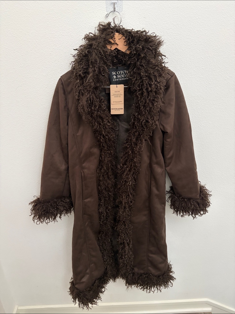 Scotch & Soda Y2K Brown Faux-Shearling Trim Long Penny Lane Coat Medium